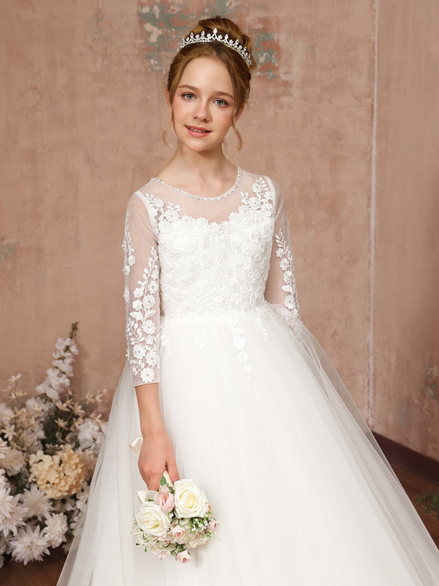 Ball-Gown 3/4 Sleeves Scoop Neck Floor-Length Flower Girl Dresses