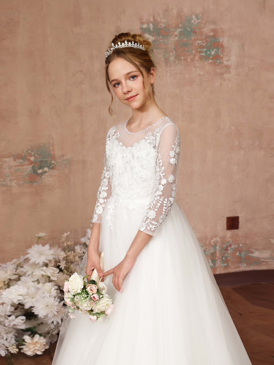 Ball-Gown 3/4 Sleeves Scoop Neck Floor-Length Flower Girl Dresses