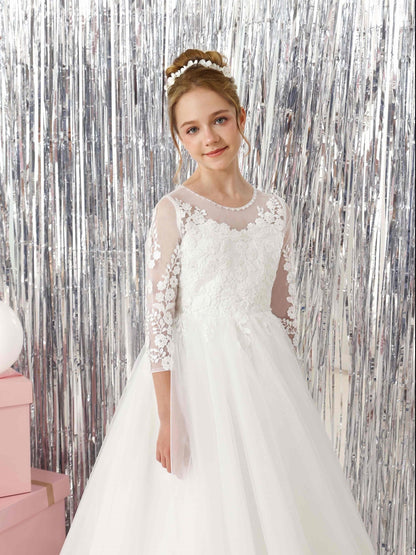 Ball-Gown 3/4 Sleeves Scoop Neck Floor-Length Flower Girl Dresses