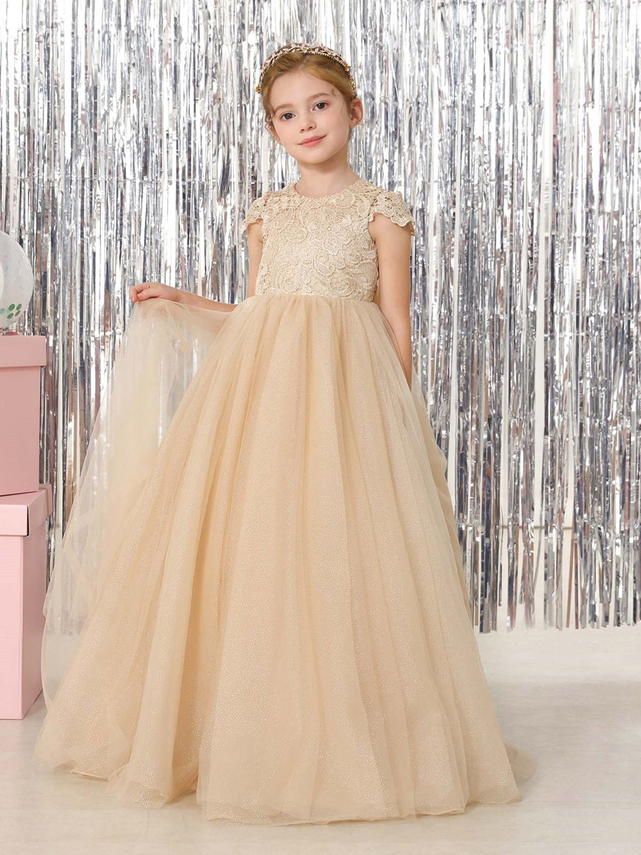 Ball-Gown Tulle Short Sleeves Scoop Neck Floor-Length Flower Girl Dresses