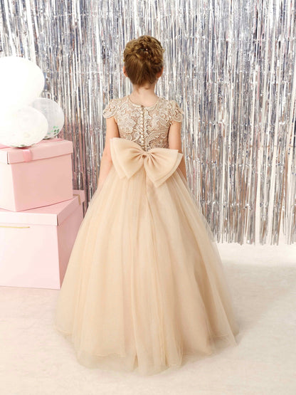 Ball-Gown Tulle Short Sleeves Scoop Neck Floor-Length Flower Girl Dresses