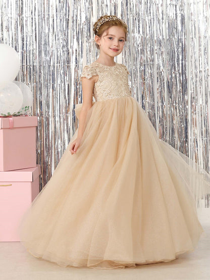 Ball-Gown Tulle Short Sleeves Scoop Neck Floor-Length Flower Girl Dresses