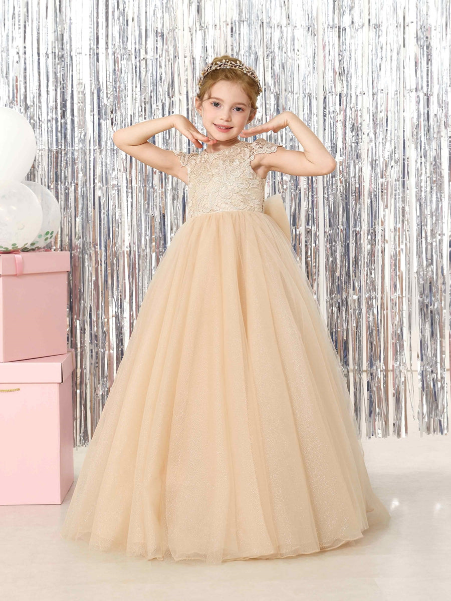 Ball-Gown Tulle Short Sleeves Scoop Neck Floor-Length Flower Girl Dresses