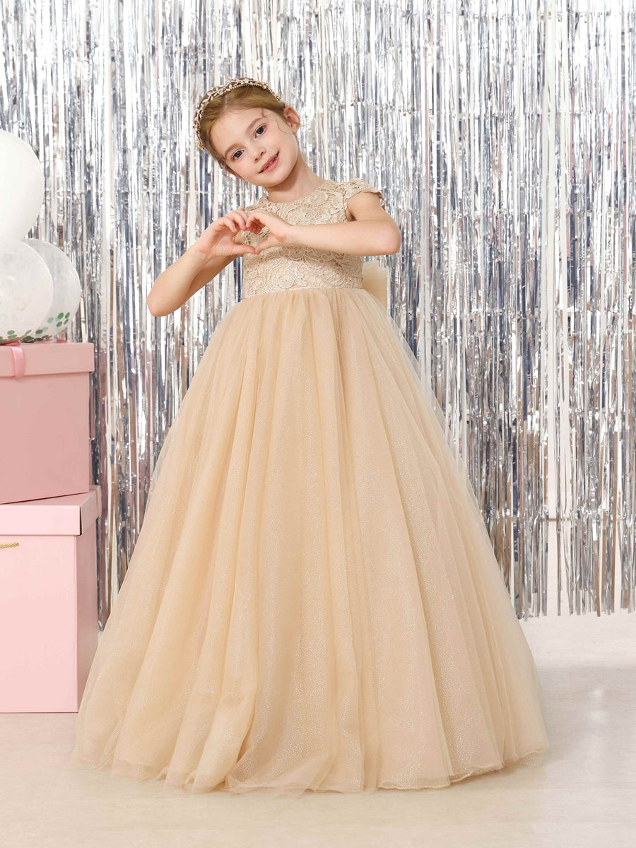 Ball-Gown Tulle Short Sleeves Scoop Neck Floor-Length Flower Girl Dresses