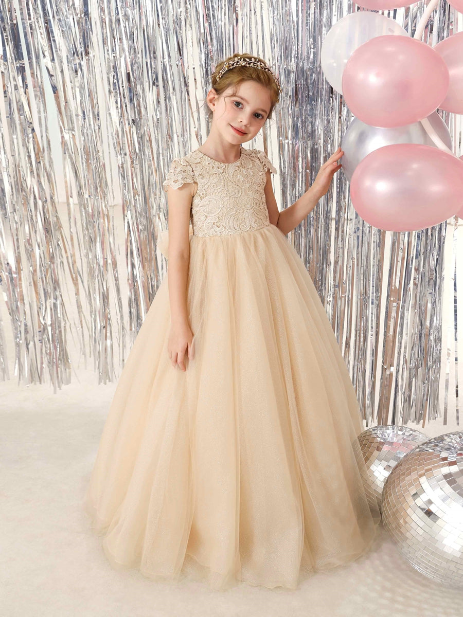 Ball-Gown Tulle Short Sleeves Scoop Neck Floor-Length Flower Girl Dresses