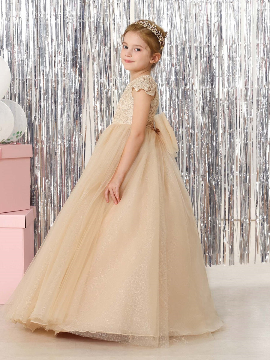 Ball-Gown Tulle Short Sleeves Scoop Neck Floor-Length Flower Girl Dresses