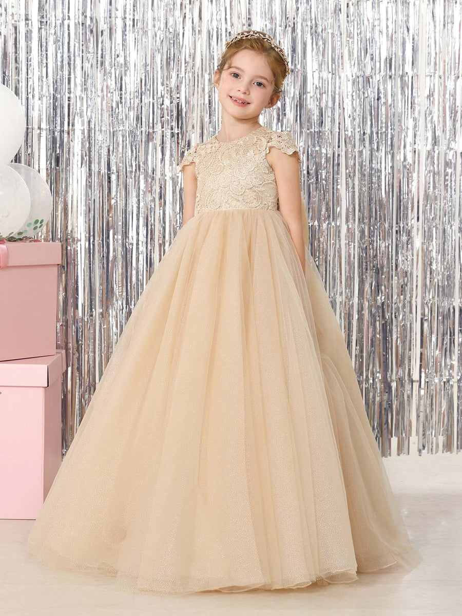 Ball-Gown Tulle Short Sleeves Scoop Neck Floor-Length Flower Girl Dresses