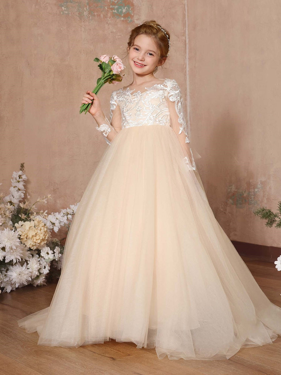 Ball-Gown Lace Long Sleeves Cap Straps Floor-Length Flower Girl Dresses