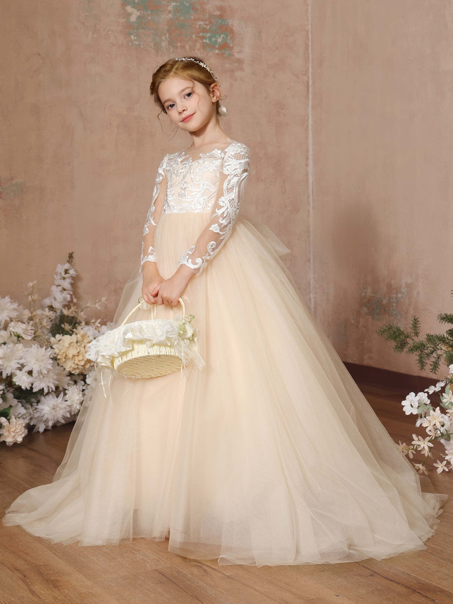 Ball-Gown Lace Long Sleeves Cap Straps Floor-Length Flower Girl Dresses