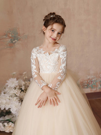 Ball-Gown Lace Long Sleeves Cap Straps Floor-Length Flower Girl Dresses