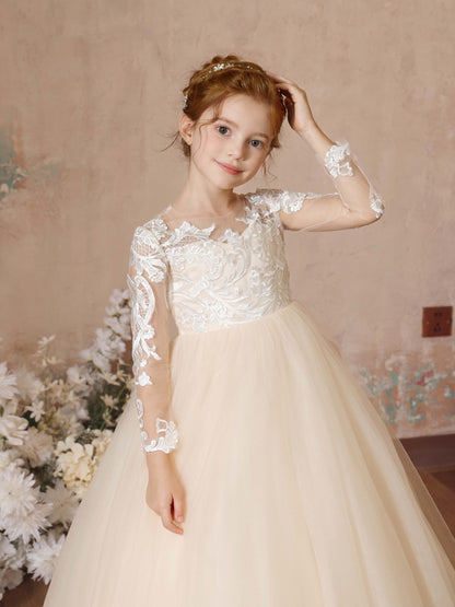 Ball-Gown Lace Long Sleeves Cap Straps Floor-Length Flower Girl Dresses