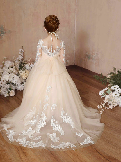 Ball-Gown Lace Long Sleeves Cap Straps Floor-Length Flower Girl Dresses