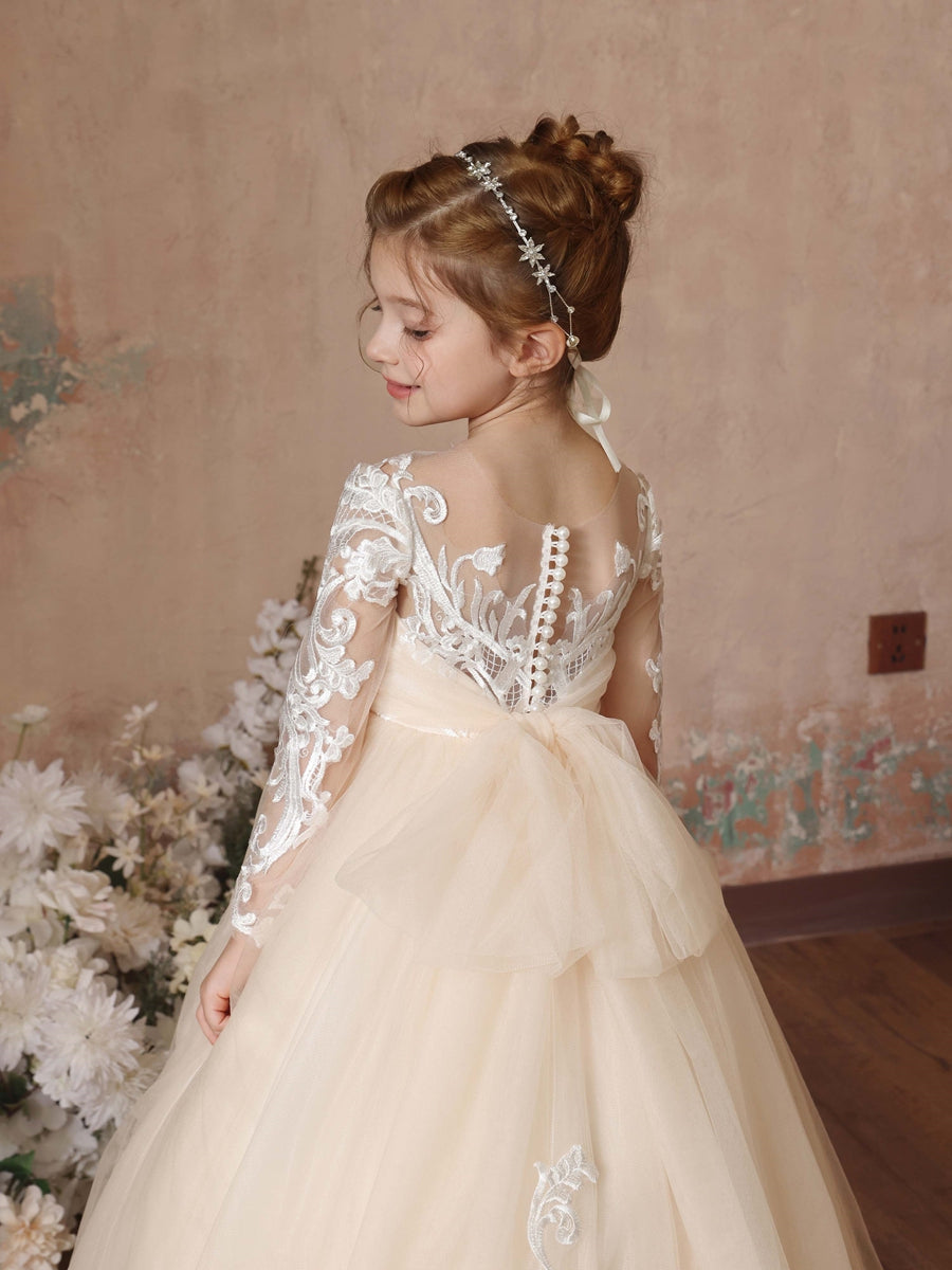 Ball-Gown Lace Long Sleeves Cap Straps Floor-Length Flower Girl Dresses