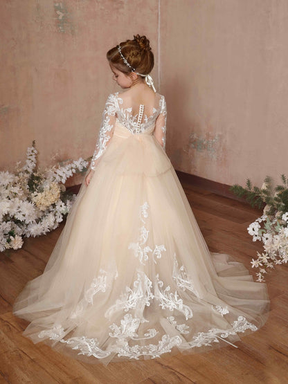 Ball-Gown Lace Long Sleeves Cap Straps Floor-Length Flower Girl Dresses