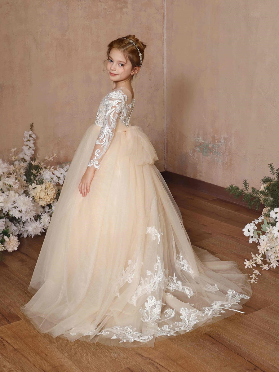 Ball-Gown Lace Long Sleeves Cap Straps Floor-Length Flower Girl Dresses