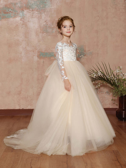 Ball-Gown Lace Long Sleeves Cap Straps Floor-Length Flower Girl Dresses