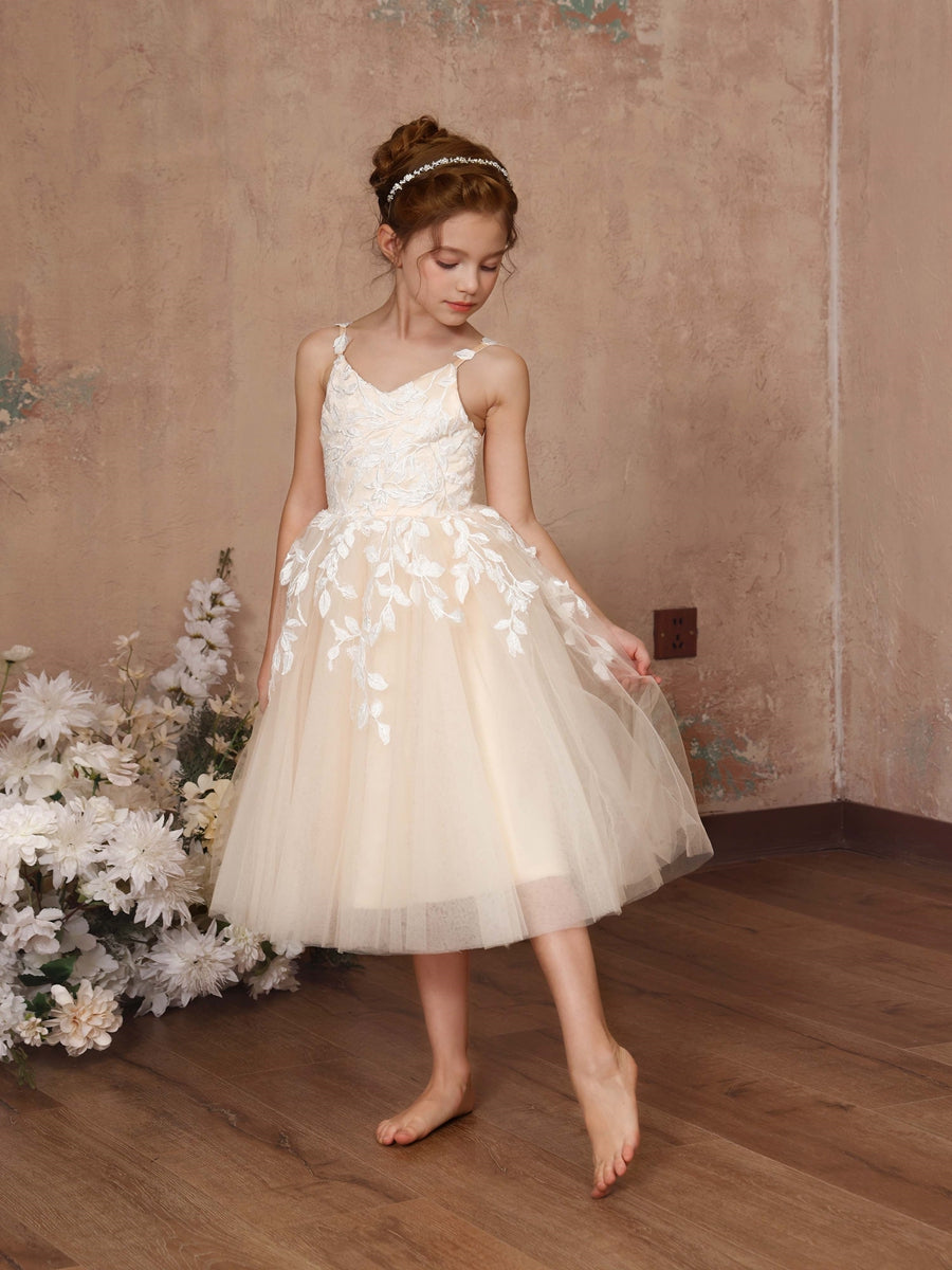 A-Line/Princess Lace Sleeveless V-Neck Tea-Length Flower Girl Dresses