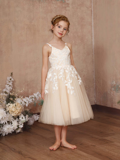 A-Line/Princess Lace Sleeveless V-Neck Tea-Length Flower Girl Dresses