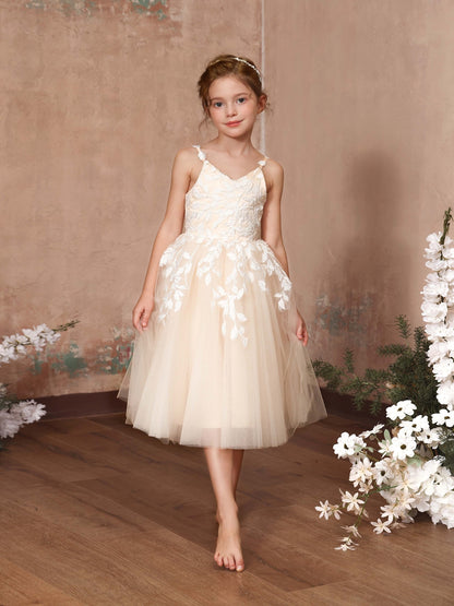 A-Line/Princess Lace Sleeveless V-Neck Tea-Length Flower Girl Dresses