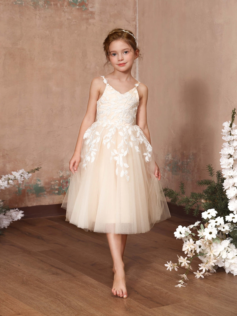 A-Line/Princess Lace Sleeveless V-Neck Tea-Length Flower Girl Dresses