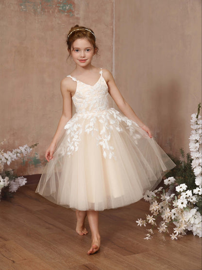 A-Line/Princess Lace Sleeveless V-Neck Tea-Length Flower Girl Dresses