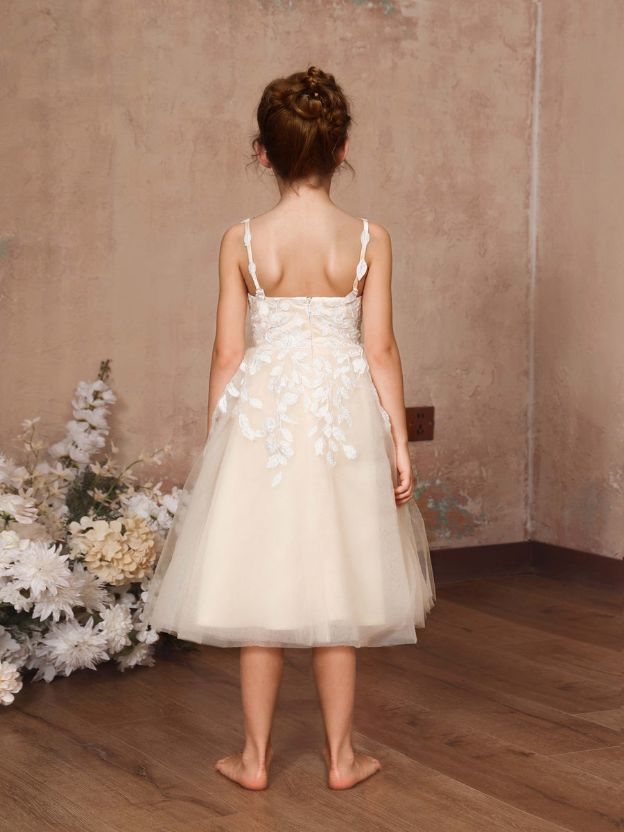 A-Line/Princess Lace Sleeveless V-Neck Tea-Length Flower Girl Dresses