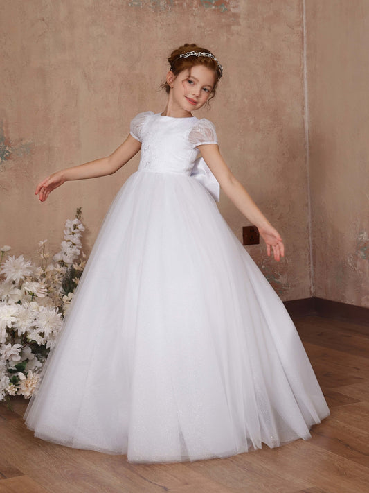 Ball-Gown Tulle Short Sleeves Scoop Neck Floor-Length Flower Girl Dresses