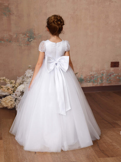 Ball-Gown Tulle Short Sleeves Scoop Neck Floor-Length Flower Girl Dresses