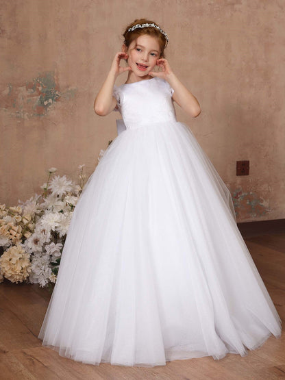 Ball-Gown Tulle Short Sleeves Scoop Neck Floor-Length Flower Girl Dresses