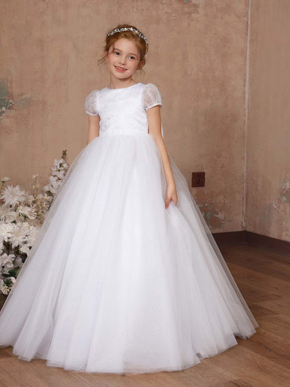 Ball-Gown Tulle Short Sleeves Scoop Neck Floor-Length Flower Girl Dresses