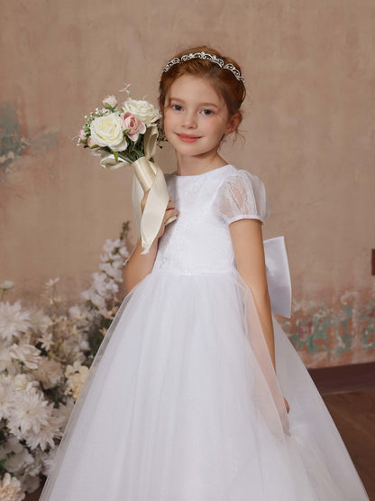 Ball-Gown Tulle Short Sleeves Scoop Neck Floor-Length Flower Girl Dresses