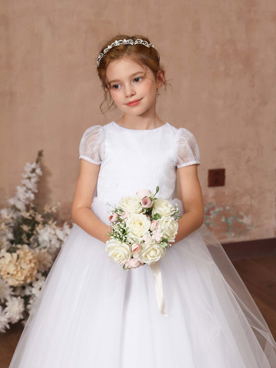 Ball-Gown Tulle Short Sleeves Scoop Neck Floor-Length Flower Girl Dresses