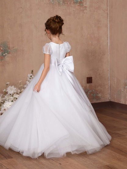 Ball-Gown Tulle Short Sleeves Scoop Neck Floor-Length Flower Girl Dresses