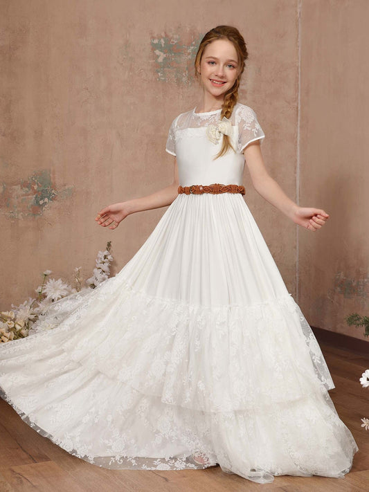 A-Line/Princess Lace Short Sleeves Scoop Neck Floor-Length Flower Girl Dresses