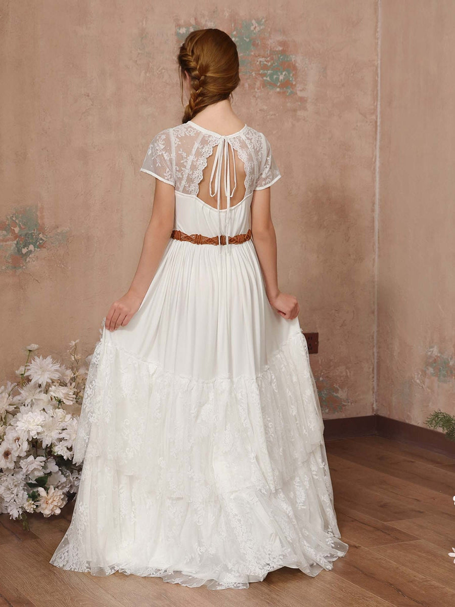 A-Line/Princess Lace Short Sleeves Scoop Neck Floor-Length Flower Girl Dresses