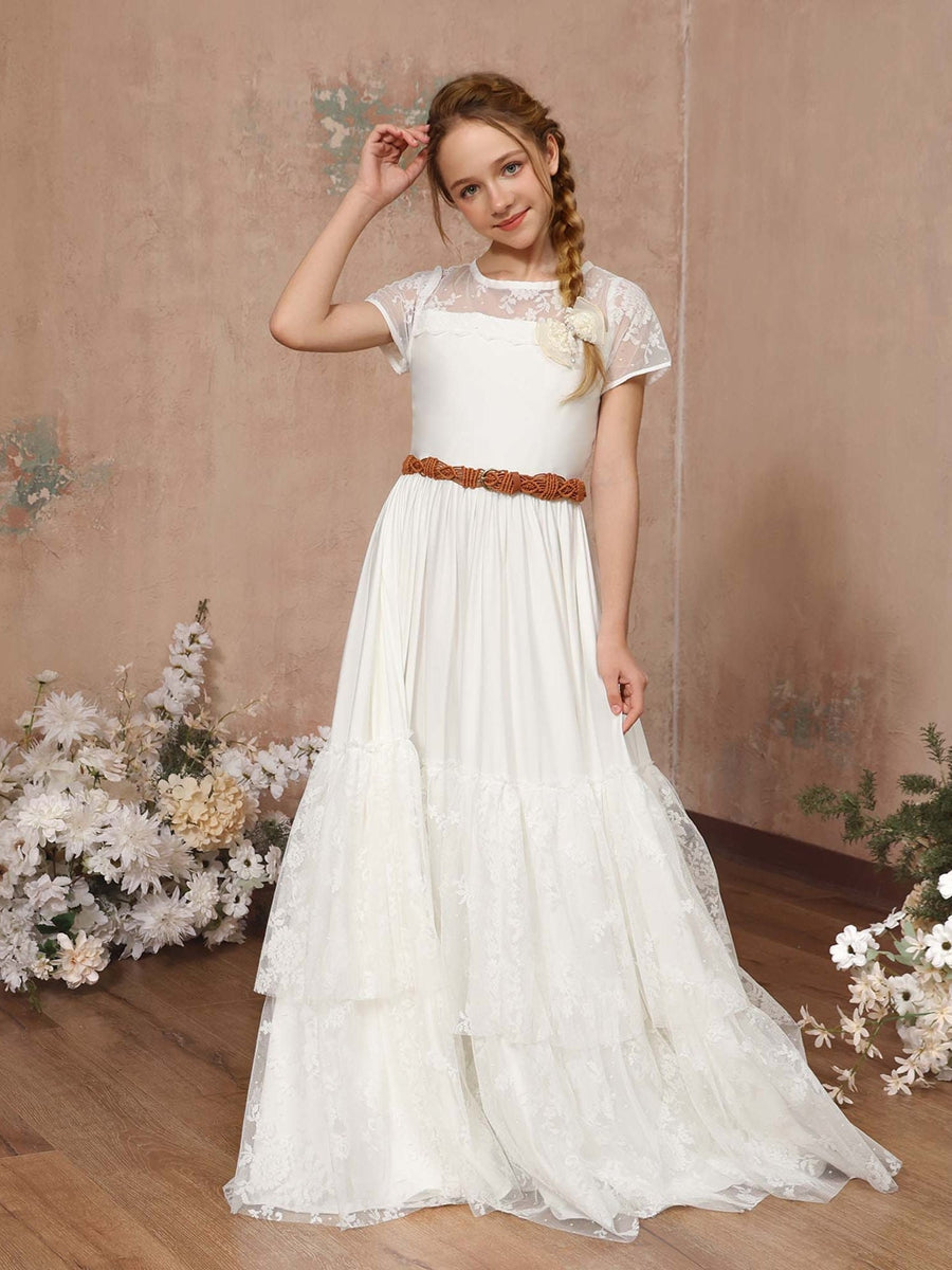 A-Line/Princess Lace Short Sleeves Scoop Neck Floor-Length Flower Girl Dresses