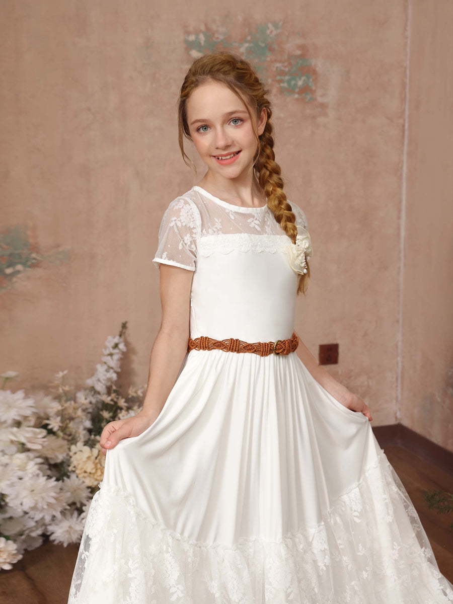 A-Line/Princess Lace Short Sleeves Scoop Neck Floor-Length Flower Girl Dresses