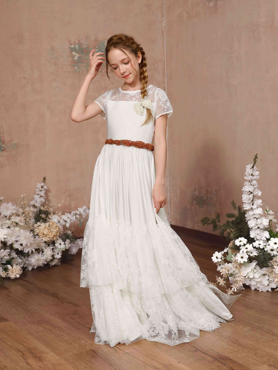 A-Line/Princess Lace Short Sleeves Scoop Neck Floor-Length Flower Girl Dresses