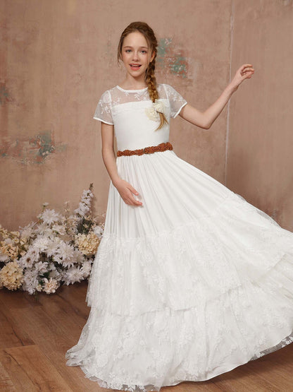 A-Line/Princess Lace Short Sleeves Scoop Neck Floor-Length Flower Girl Dresses