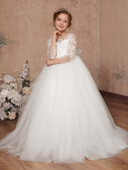 Ball-Gown Lace Tulle 3/4 Sleeves Scoop Neck Floor-Length Flower Girl Dresses