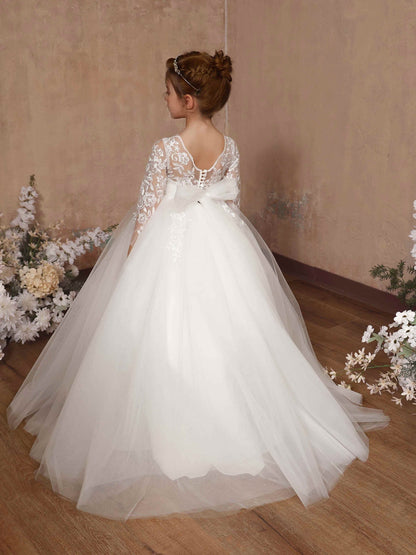 Ball-Gown Lace Tulle 3/4 Sleeves Scoop Neck Floor-Length Flower Girl Dresses