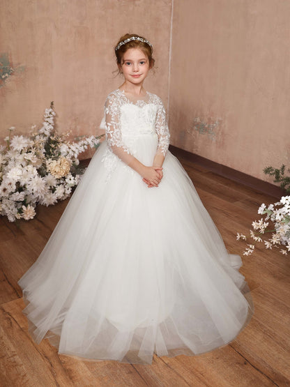 Ball-Gown Lace Tulle 3/4 Sleeves Scoop Neck Floor-Length Flower Girl Dresses