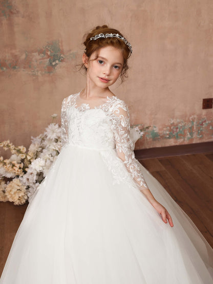 Ball-Gown Lace Tulle 3/4 Sleeves Scoop Neck Floor-Length Flower Girl Dresses