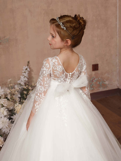 Ball-Gown Lace Tulle 3/4 Sleeves Scoop Neck Floor-Length Flower Girl Dresses