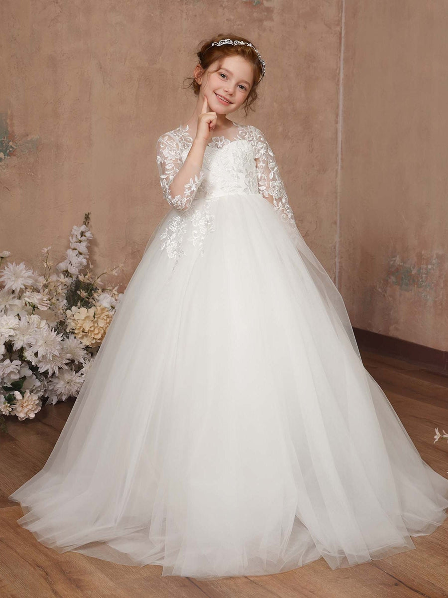 Ball-Gown Lace Tulle 3/4 Sleeves Scoop Neck Floor-Length Flower Girl Dresses