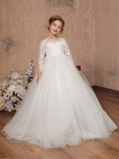 Ball-Gown Lace Tulle 3/4 Sleeves Scoop Neck Floor-Length Flower Girl Dresses