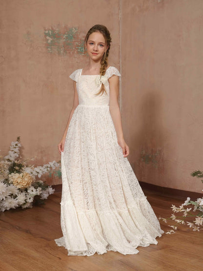 A-Line/Princess Lace Short Sleeves Square Neck Floor-Length Flower Girl Dresses