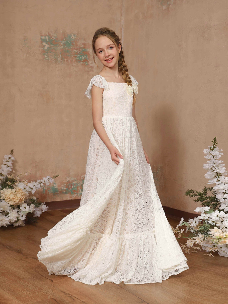 A-Line/Princess Lace Short Sleeves Square Neck Floor-Length Flower Girl Dresses