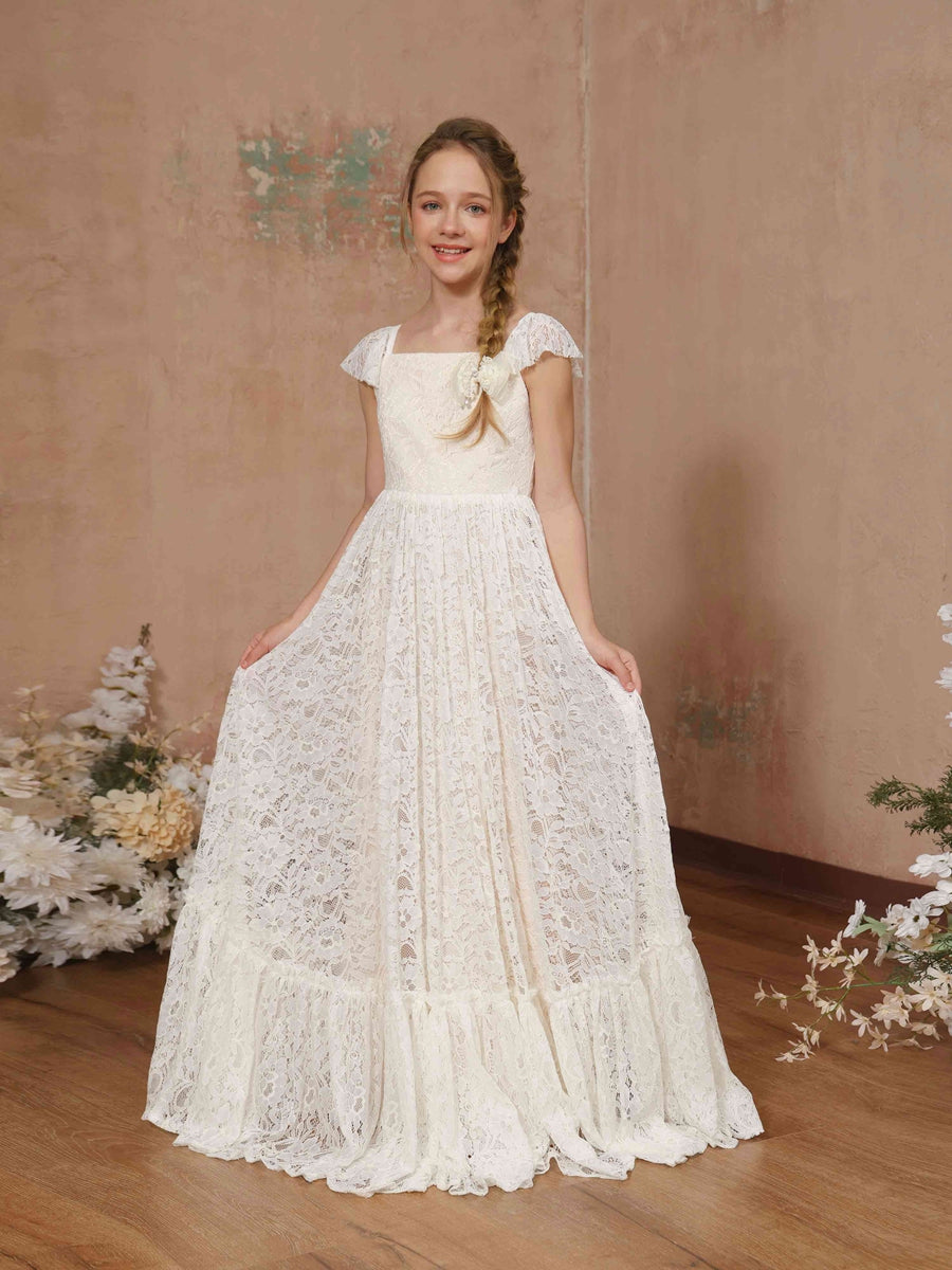 A-Line/Princess Lace Short Sleeves Square Neck Floor-Length Flower Girl Dresses