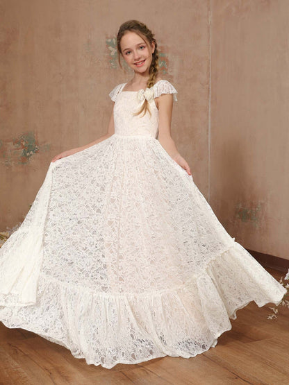 A-Line/Princess Lace Short Sleeves Square Neck Floor-Length Flower Girl Dresses